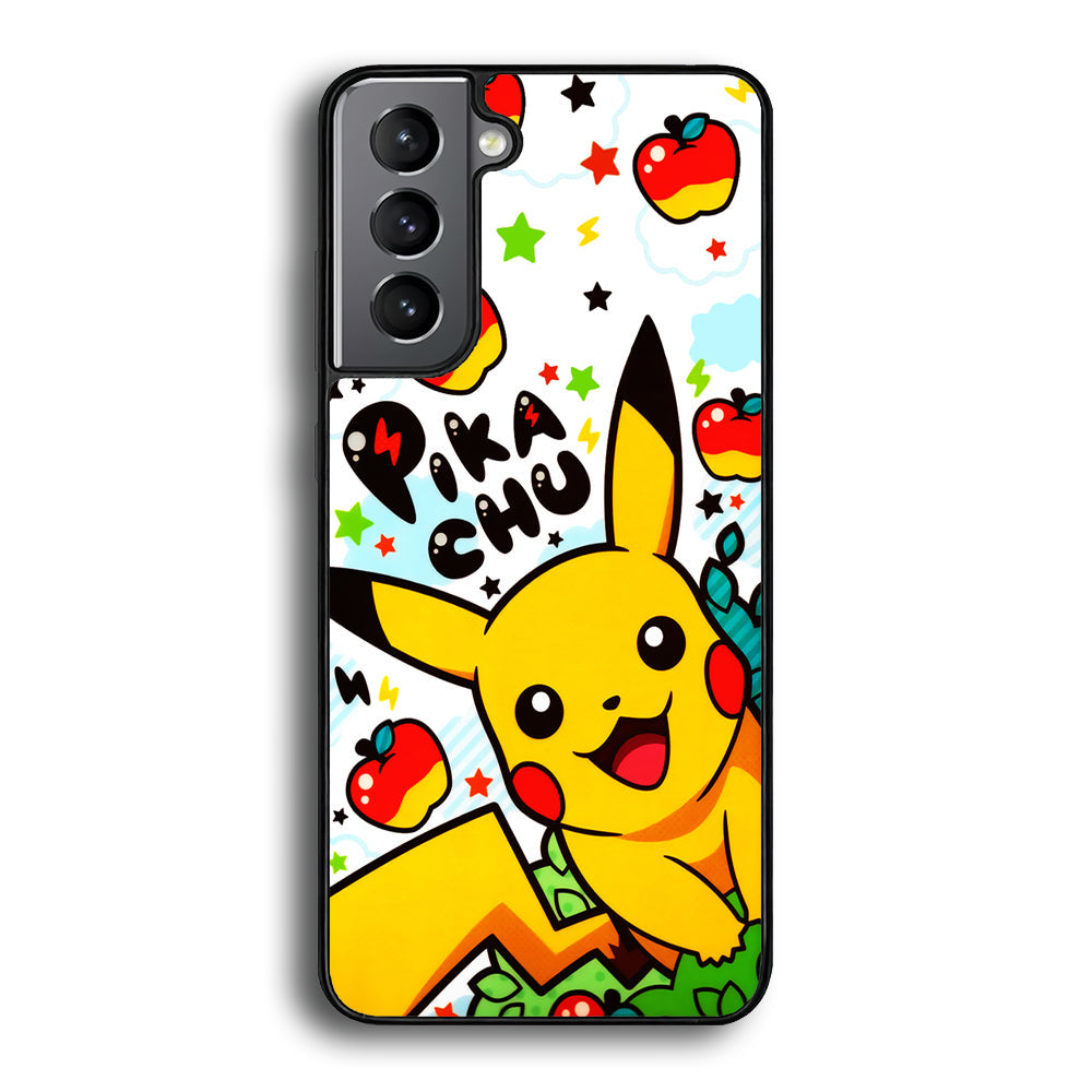 Cute Pikachu and Apple Samsung Galaxy S25 Case-Phone Case-Rubber Black (2D Case)-Altracase