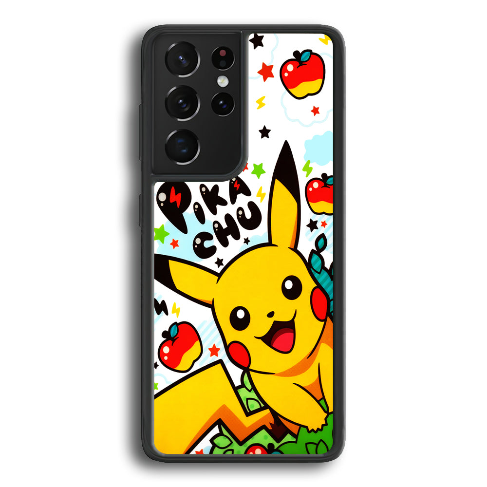 Cute Pikachu and Apple Samsung Galaxy S21 Ultra Case-Phone Case-Rubber Black (2D Case)-Altracase