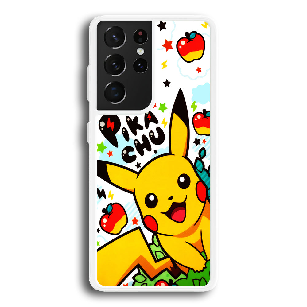 Cute Pikachu and Apple Samsung Galaxy S21 Ultra Case-Phone Case-Rubber White (2D Case)-Altracase