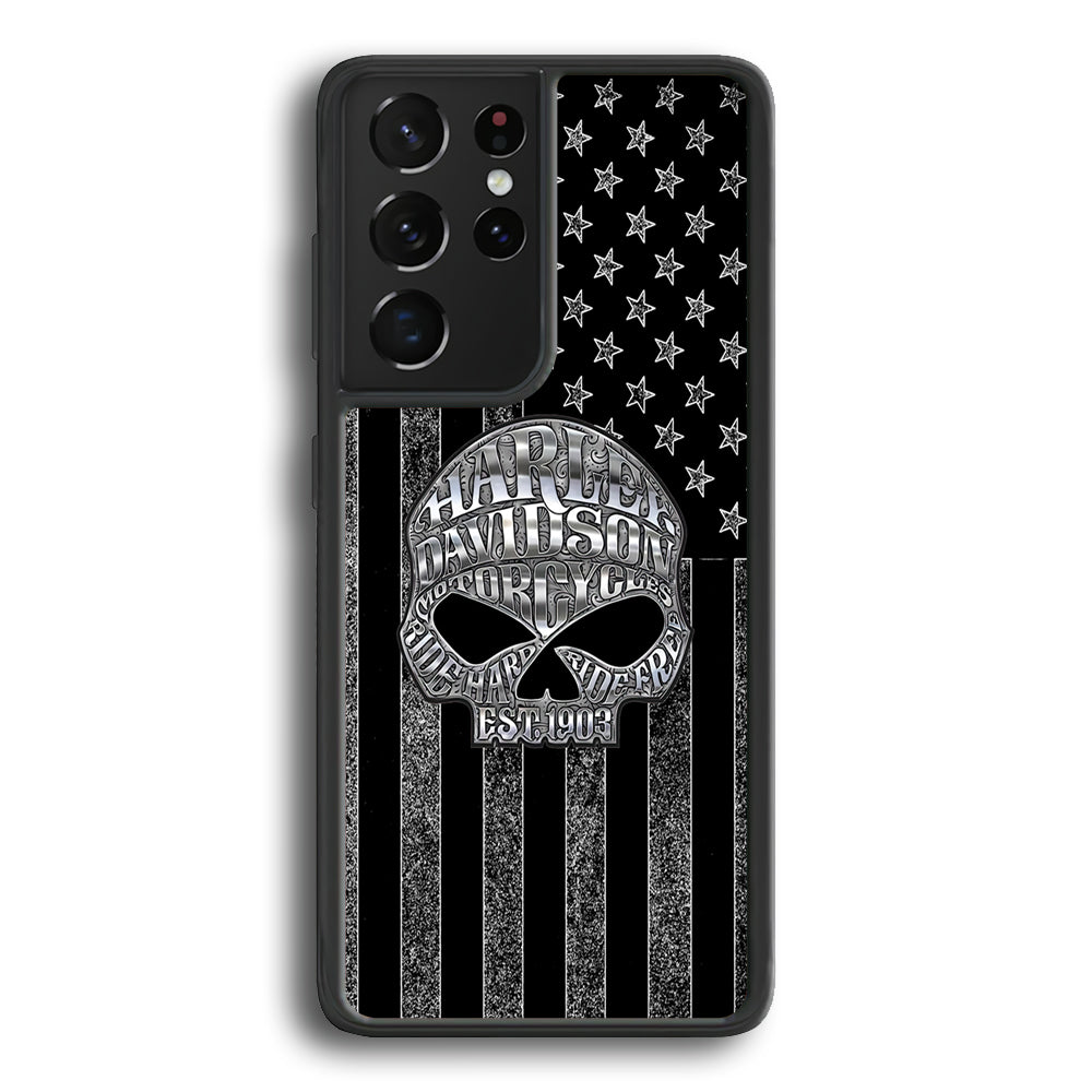 Harley Davidson US Flag Silver Samsung Galaxy S23 Ultra Case-Mobile Phone Case-Rubber Black (2D Case)-Altracase