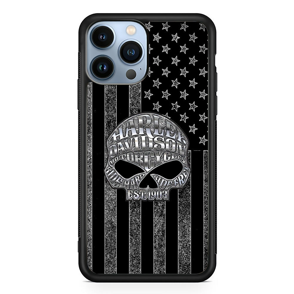 Harley Davidson US Flag Silver iPhone 14 Pro Max Case-Mobile Phone Case-Rubber Black (2D Case)-Altracase