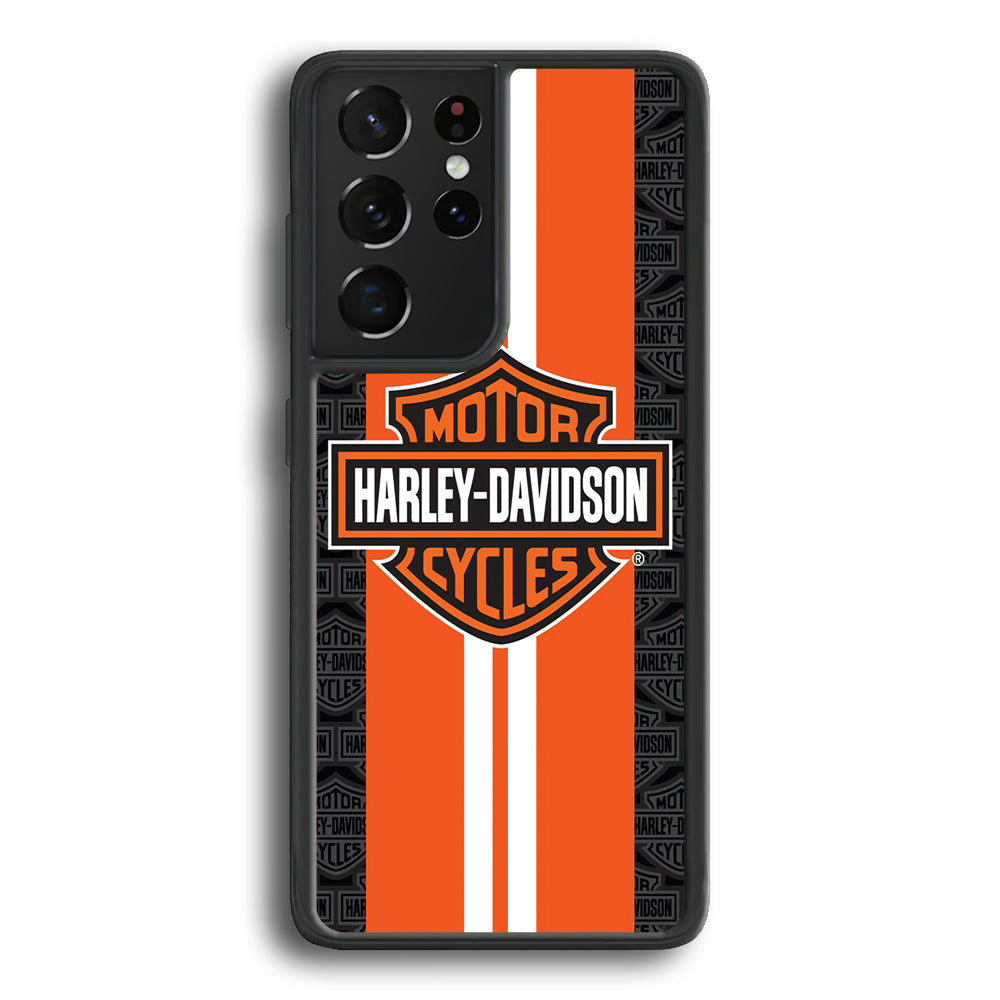 Harley Davidson White Striped Orange Samsung Galaxy S21 Ultra Case-Mobile Phone Case-Rubber Black (2D Case)-Altracase