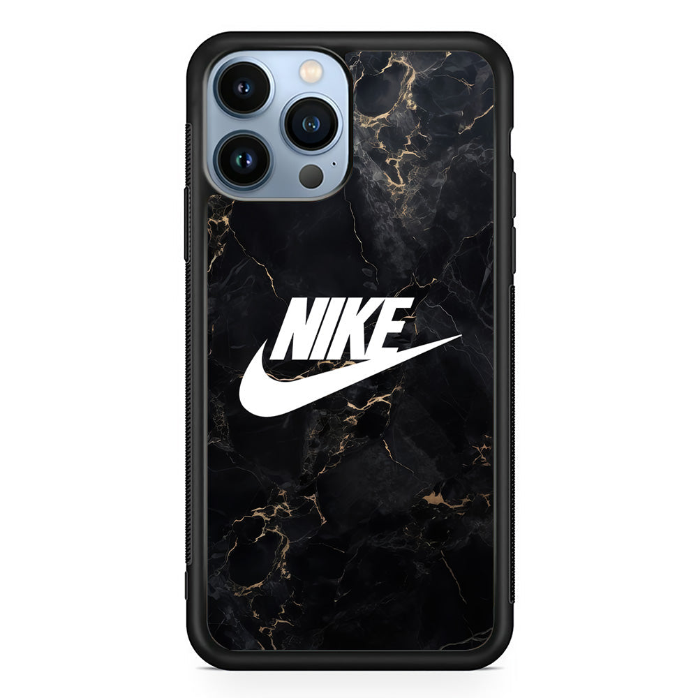 Nike Logo Black Stone Marble iPhone 14 Pro Max Case-Mobile Phone Case-Rubber Black (2D Case)-Altracase