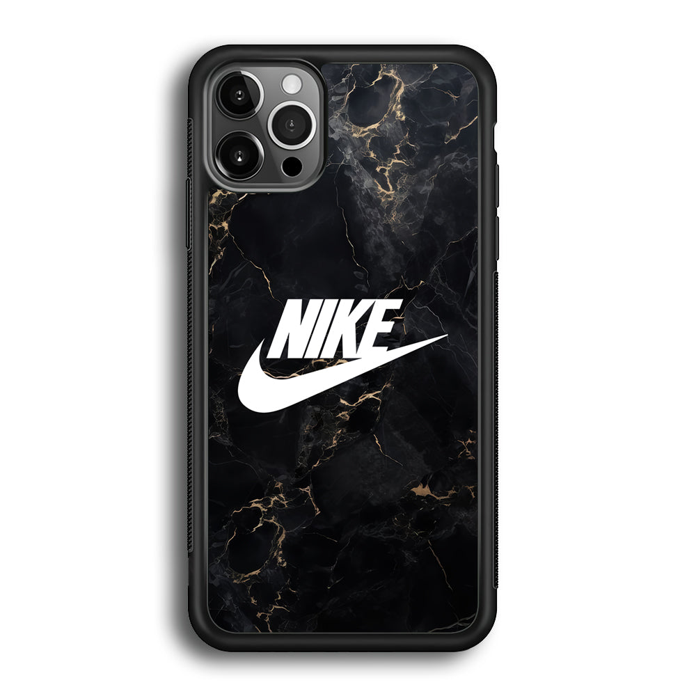 Nike Logo Black Stone Marble iPhone 12 Pro Case-Mobile Phone Case-Rubber Black (2D Case)-Altracase