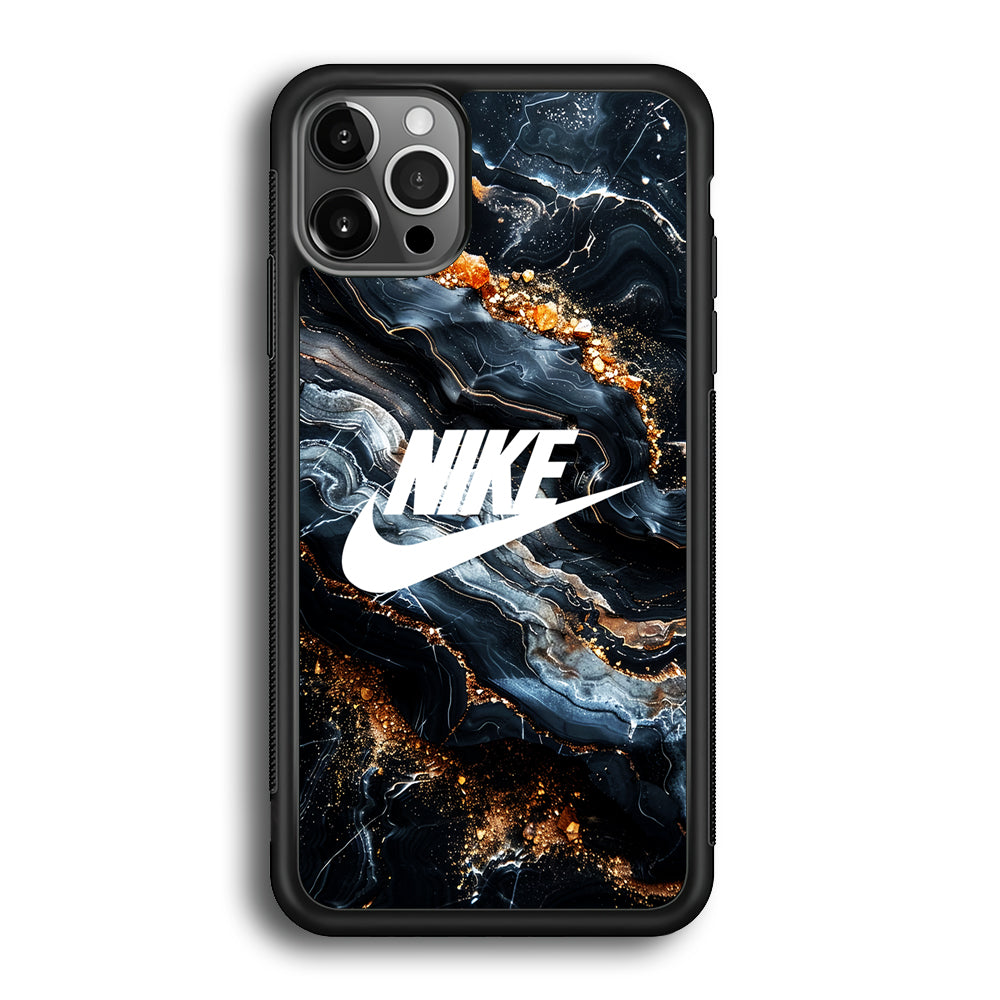 Nike Logo Grey Gold Stone Marble iPhone 12 Pro Max Case-Mobile Phone Case-Rubber Black (2D Case)-Altracase