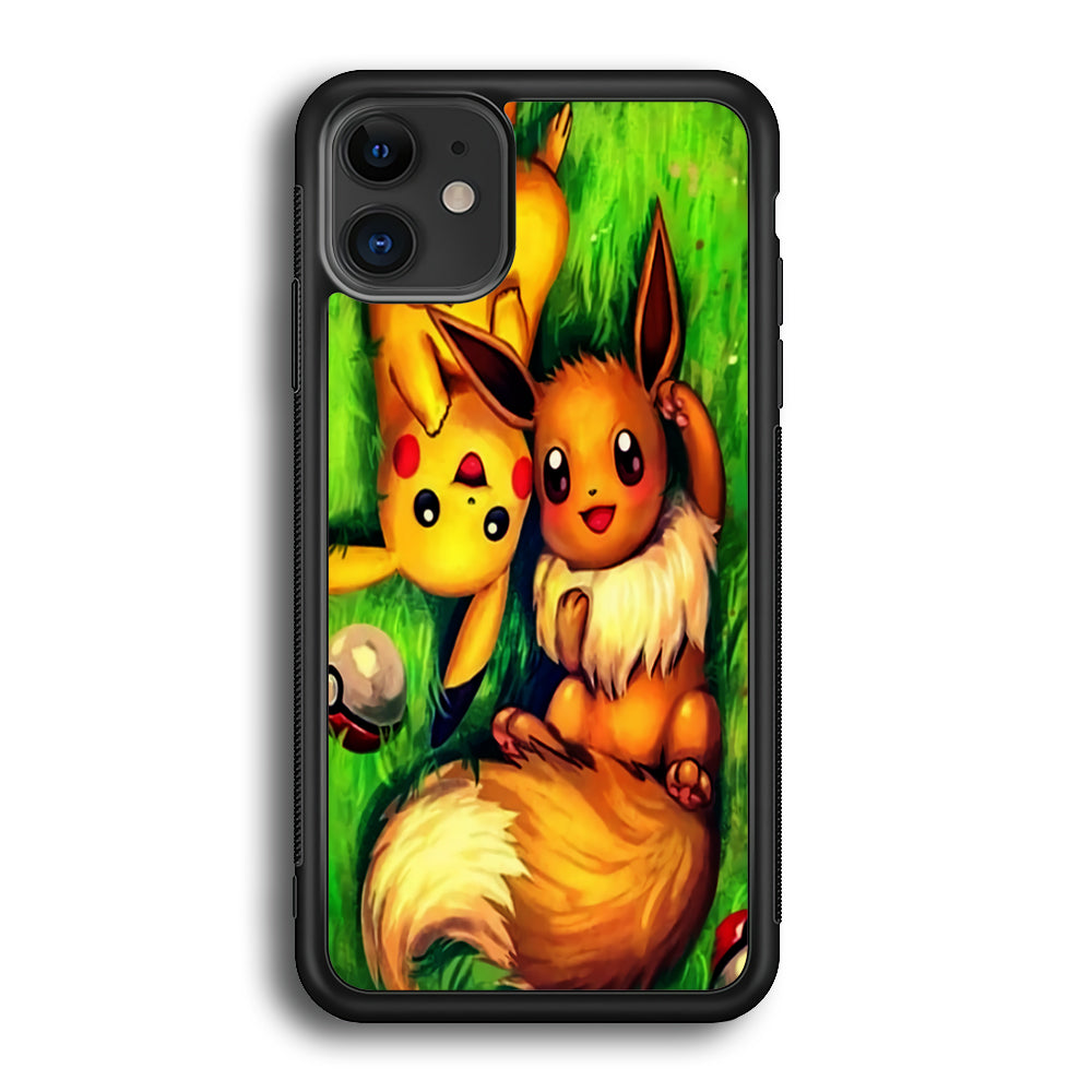 Pokemon Eevee and Pikachu iPhone 12 Mini Case-Phone Case-Rubber Black (2D Case)-Altracase