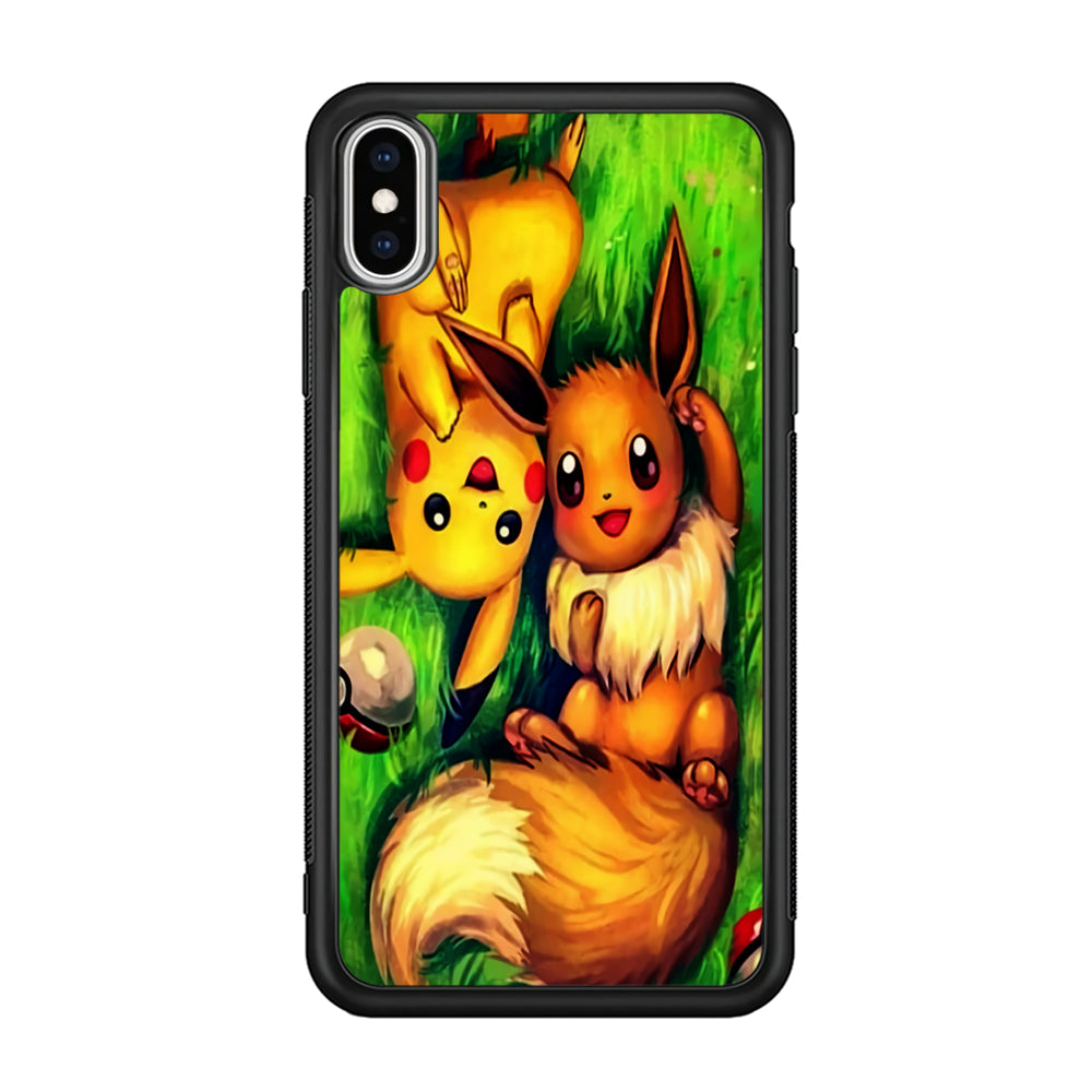 Pokemon Eevee and Pikachu iPhone Xs Case-Phone Case-Rubber Black (2D Case)-Altracase