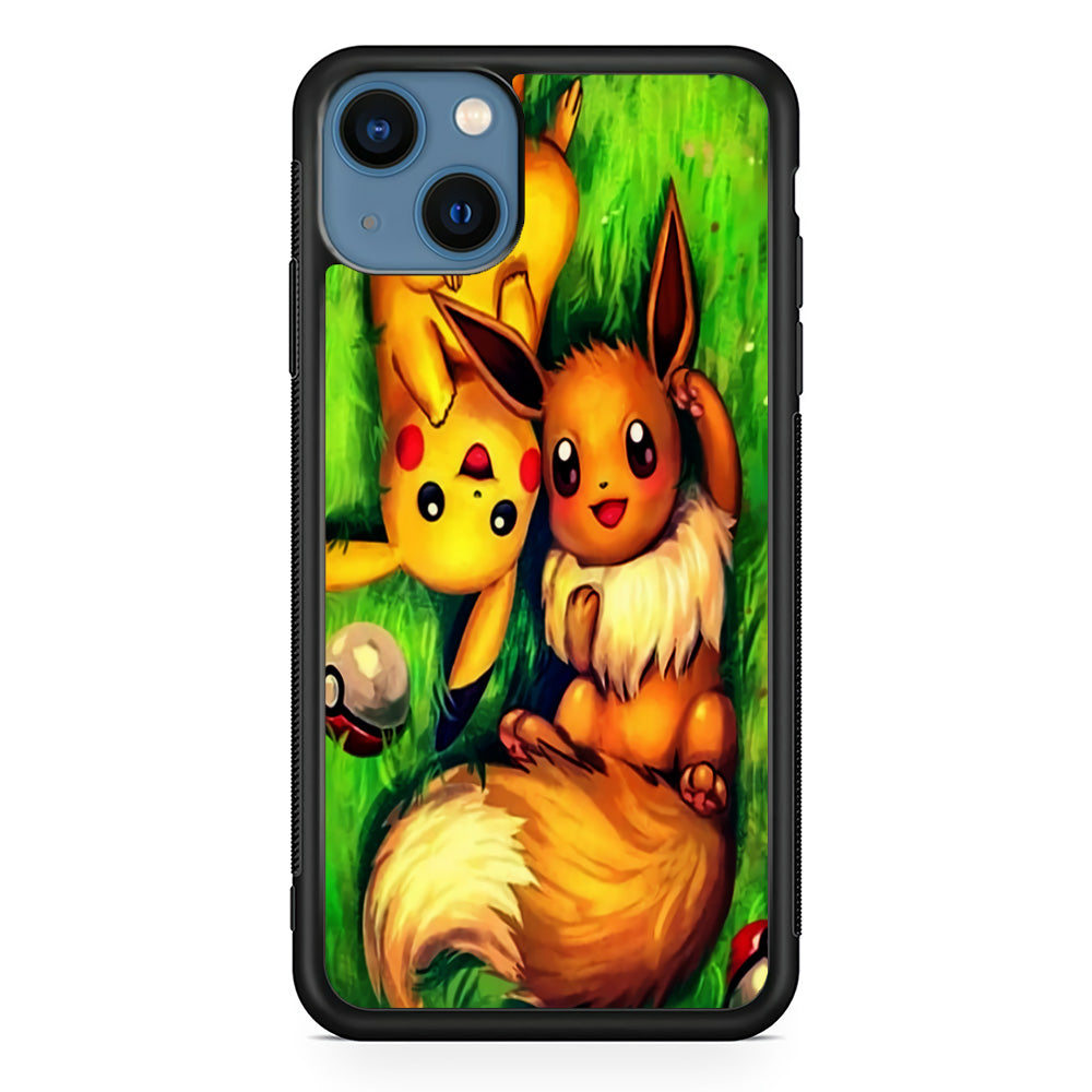 Pokemon Eevee and Pikachu iPhone 13 Case-Phone Case-Rubber Black (2D Case)-Altracase