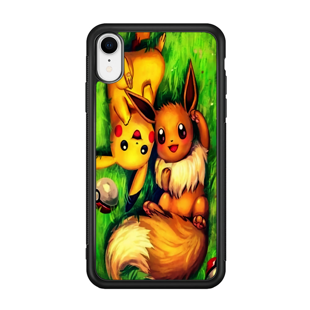 Pokemon Eevee and Pikachu iPhone XR Case-Phone Case-Rubber Black (2D Case)-Altracase