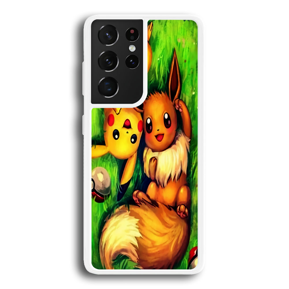 Pokemon Eevee and Pikachu Samsung Galaxy S21 Ultra Case-Phone Case-Rubber White (2D Case)-Altracase