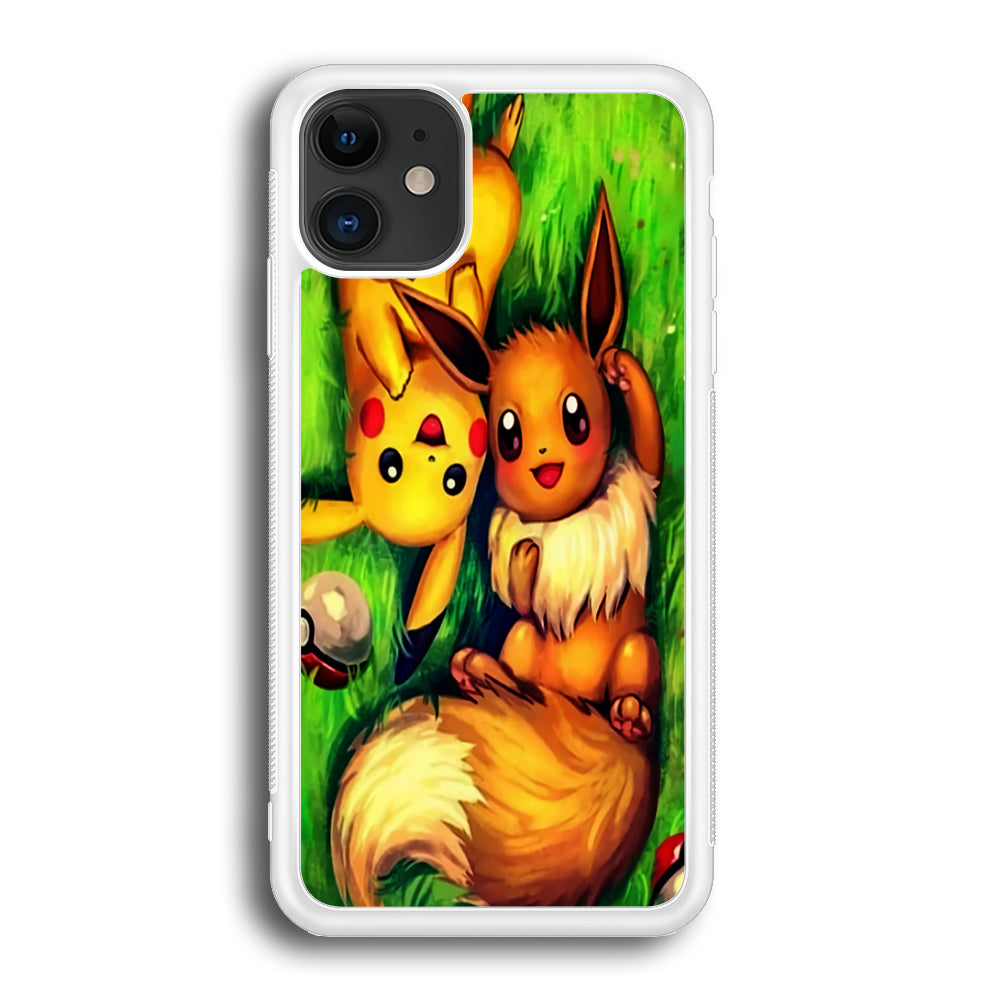 Pokemon Eevee and Pikachu iPhone 12 Mini Case-Phone Case-Rubber White (2D Case)-Altracase