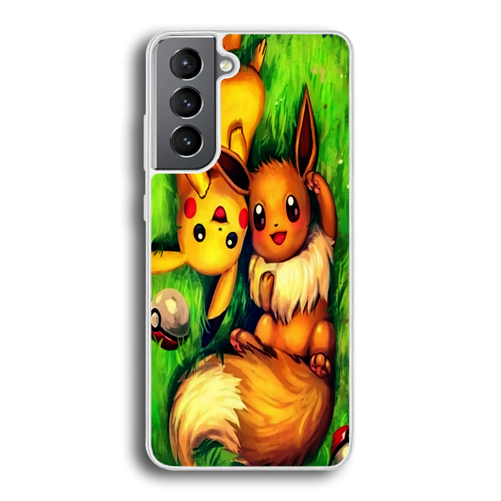 Pokemon Eevee and Pikachu Samsung Galaxy S23 Case-Phone Case-Rubber White (2D Case)-Altracase