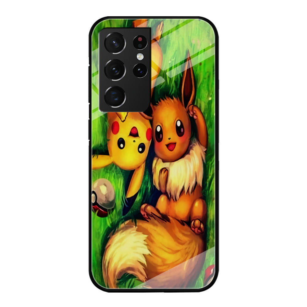 Pokemon Eevee and Pikachu Samsung Galaxy S24 Ultra Case-Phone Case-Tempered Glass Case-Altracase