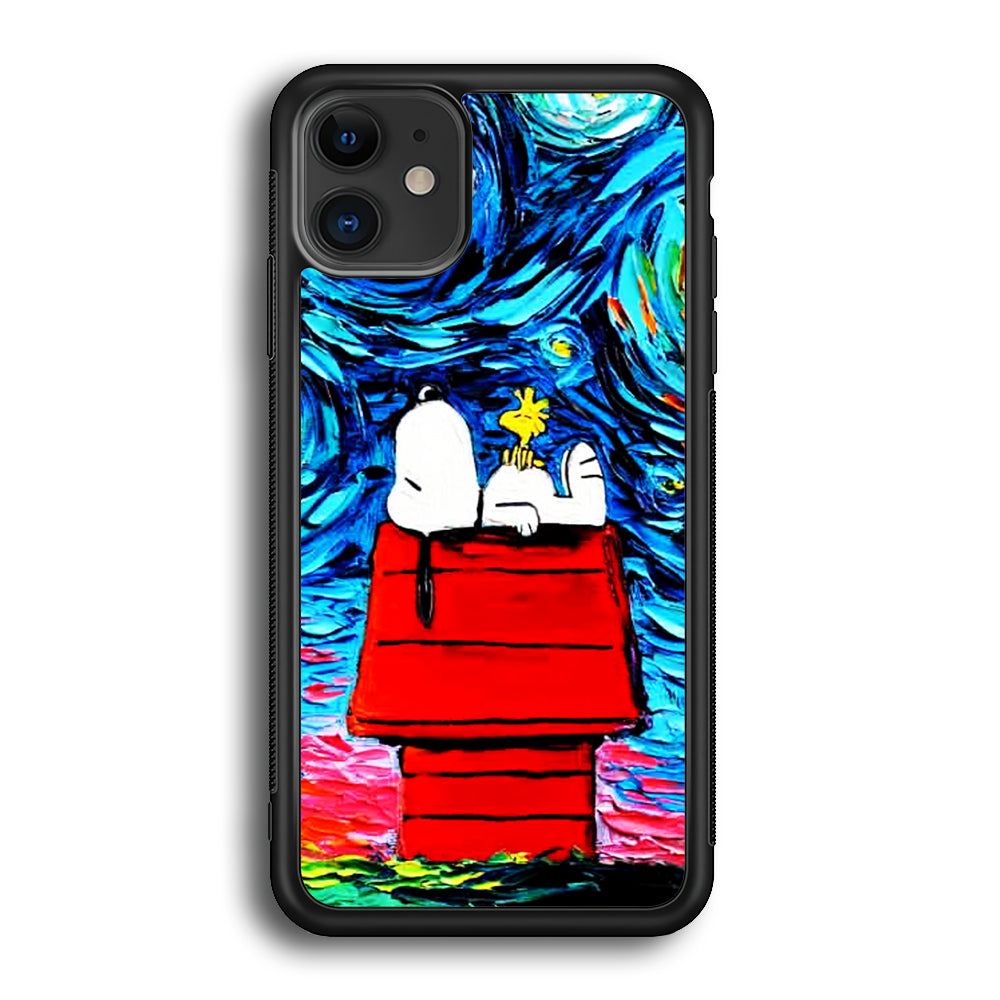 Snoopy Under Starry Night iPhone 12 Mini Case-Phone Case-Rubber Black (2D Case)-Altracase