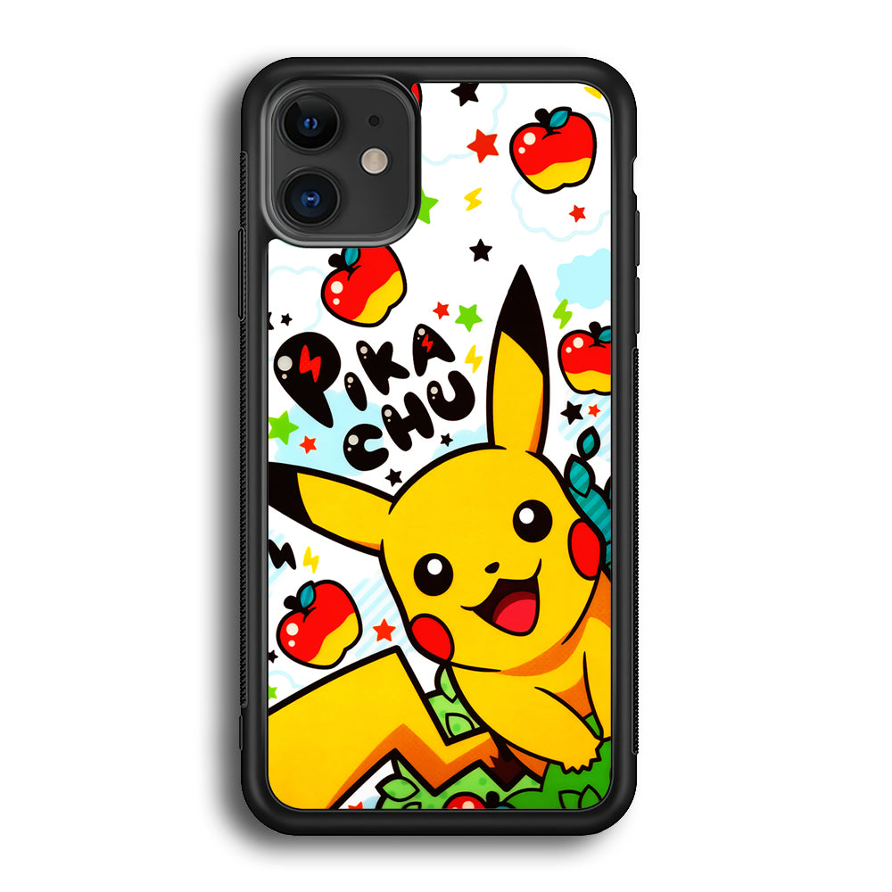 Cute Pikachu and Apple iPhone 12 Case-Phone Case-Rubber Black (2D Case)-Altracase