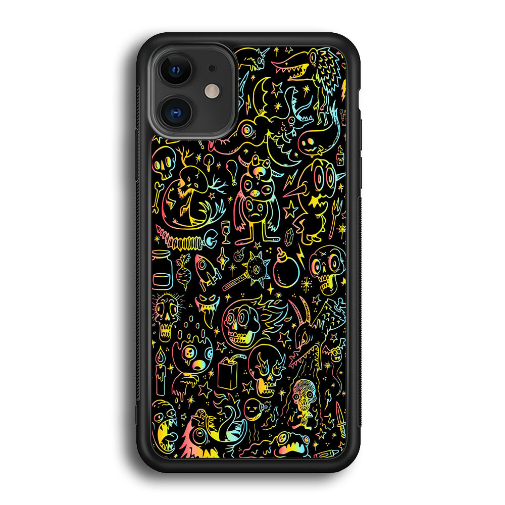 Doodle Monsters Black iPhone 12 Case-Phone Case-Rubber Black (2D Case)-Altracase