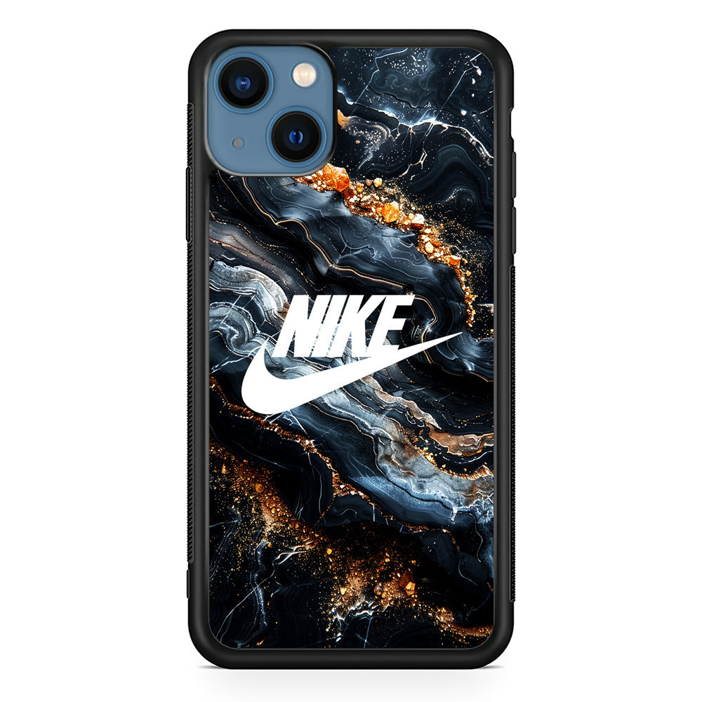 Nike Logo Grey Gold Stone Marble iPhone 15 Plus Case