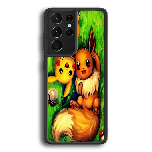 Pokemon Eevee and Pikachu Samsung Galaxy S21 Ultra Case-Phone Case-Rubber Black (2D Case)-Altracase