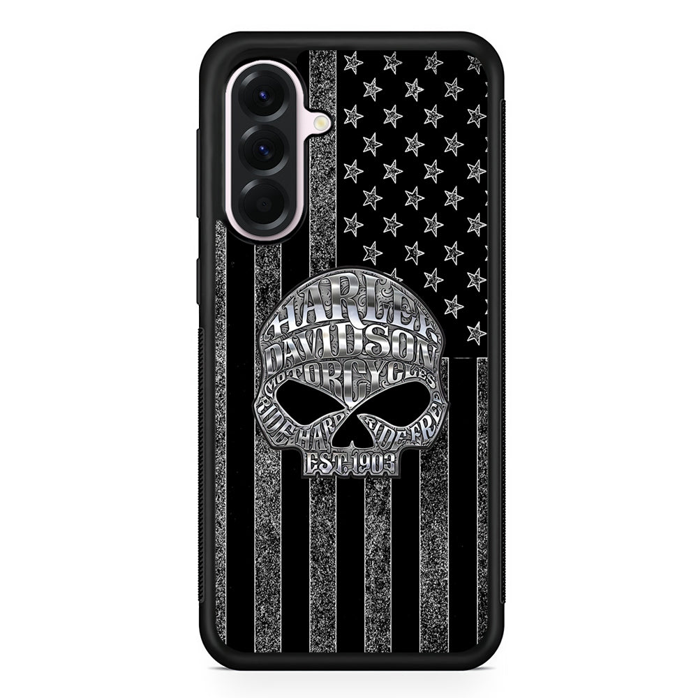Harley Davidson US Flag Silver Samsung Galaxy A56 Case | Samsung Galaxy A56 Protective Rubber Case