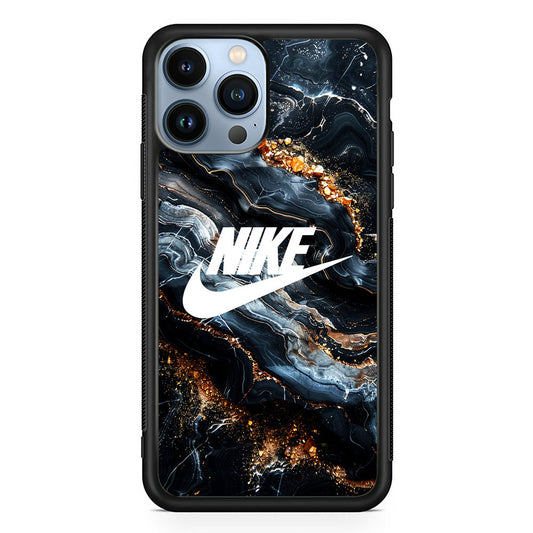 Nike iPhone 15 Pro Max case by Altracase with black and gold marble design and white Nike logo
