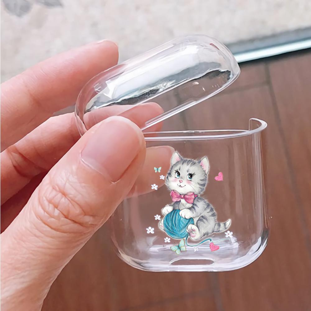 Cute Cat Hard Plastic Protective Clear Case Cover For Apple Airpods