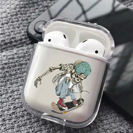 Skull playing skateboard  Hard Plastic Protective Clear Case Cover For Apple Airpods